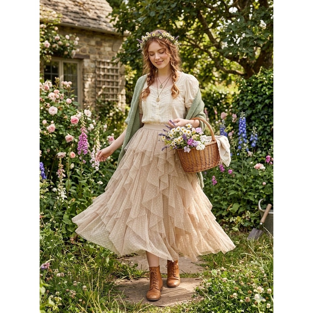 WD-NY Women Beige Polka Dot Tulle Tiered Ruffle Maxi‎ Skirt Large NWT